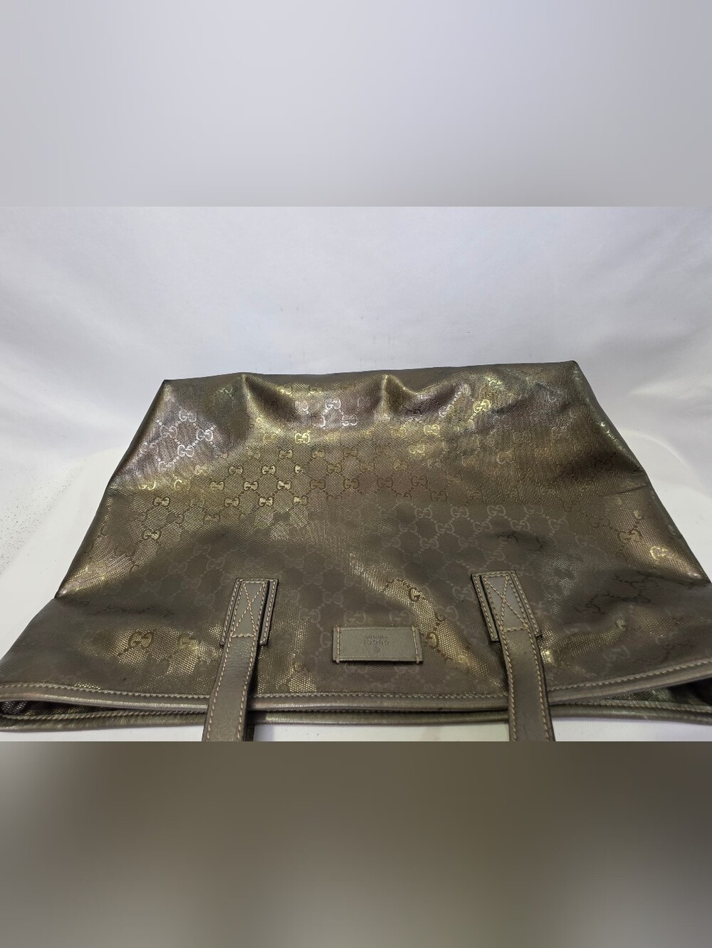 Authentic Gucci GG Imprimé coated fabric Leather Metallic Khaki Tote Bag Purse - Picture 10 of 14